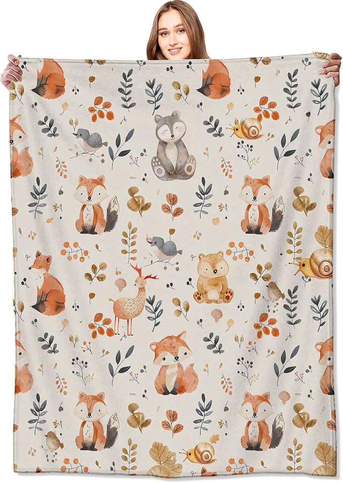 Cute Woodland Animal Blanket,Cartoon Fox, Owl, and Deer Throw Blankets,Gifts for Kids & Animal Lovers,Lightweight Soft Fleece,for Picnic Sofa Couch Bed Room Travel,Birthday Decor,60x80in