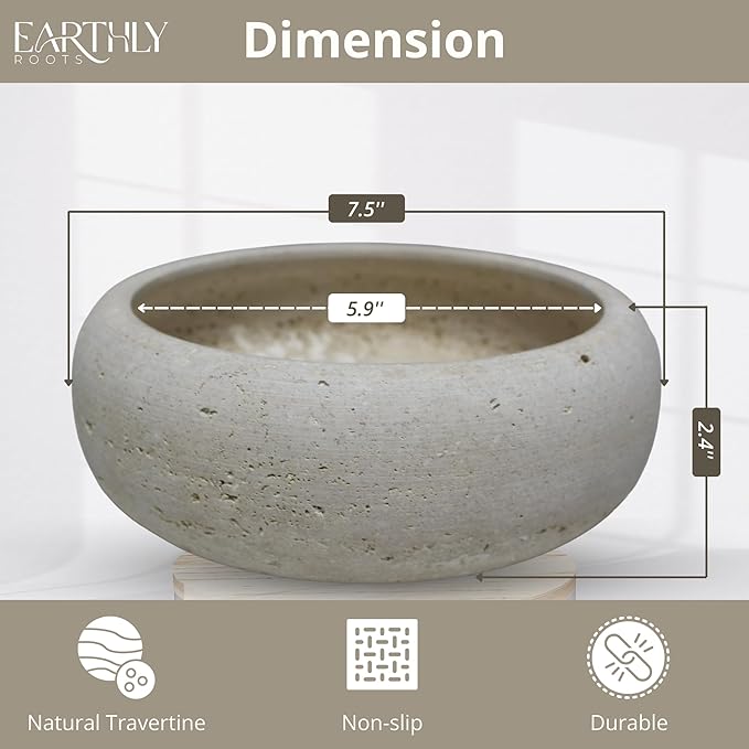 Travertine Decorative Bowl, 7.5” Natural Stone Candy Bowl, Coffee Table Catchall Dish for Living Room, Candle, Key, Trinket Holder & Hand Crafted Home Decor