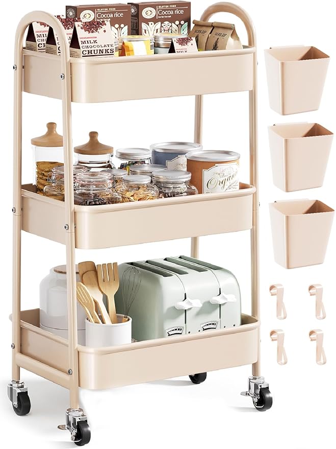 Beige 3 Tier Rolling Cart Metal on Wheels, Three Tiered Storage Organizer Utility Trolley with Wheels for Art, Craft, Baby Diaper Caddy, Snack, Book, Nail, Lash, Cleaning Supplies, Kitchen, Bathroom