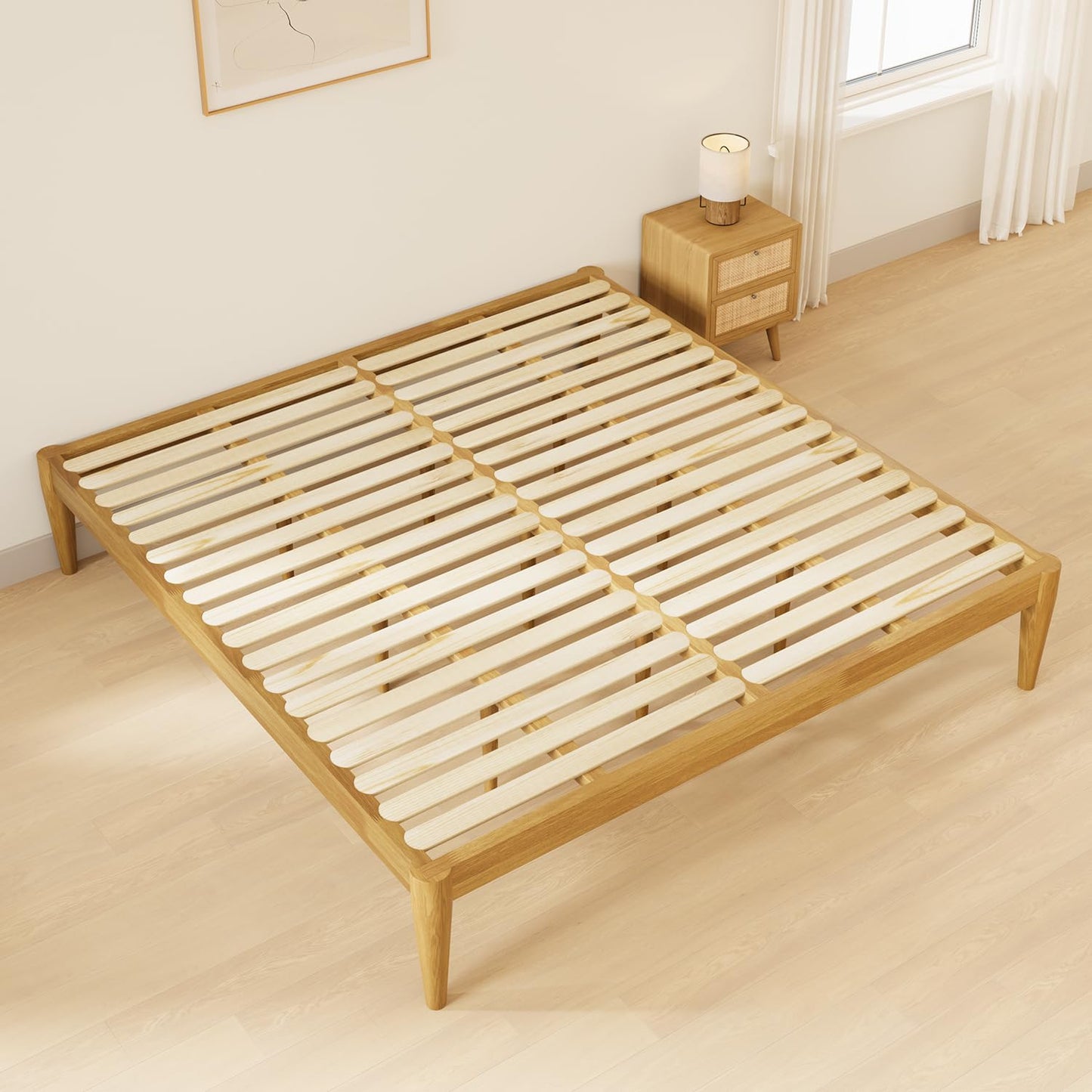 IOTXY King Platform Bed Frame - Solid Wood 16-Inch Height Mattress Foundation Base with Densely Slats and Heavy-Duty Support Legs, No Box Spring Needed, Oak