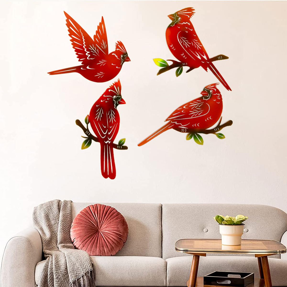4 Pack Metal Cardinal Wall Art Decor Metal Birds 3D Outdoor Sculpture, Ornaments Hand-Made Nimble red Bird, Gifts for Mom,Birthday Gifts for Grandma Wife