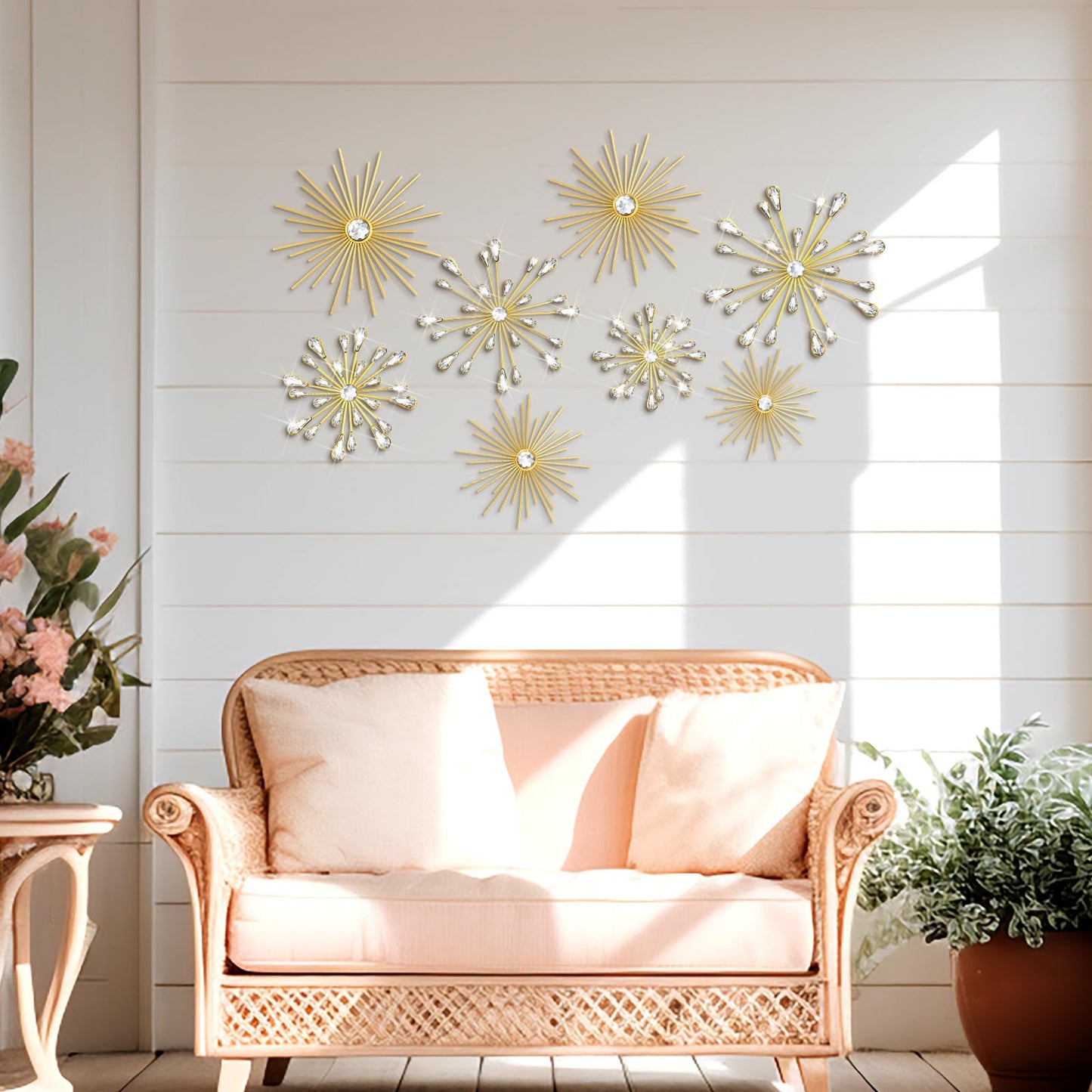 Blulu 8 Pcs Gold Metal Wall Art Cast Iron Starburst Wall Decor Bling Crystal Sculptures Living Room 3D Teardrop Radial Rhinestone Hanging Diamond Accents for Home Office Bedroom Entryway