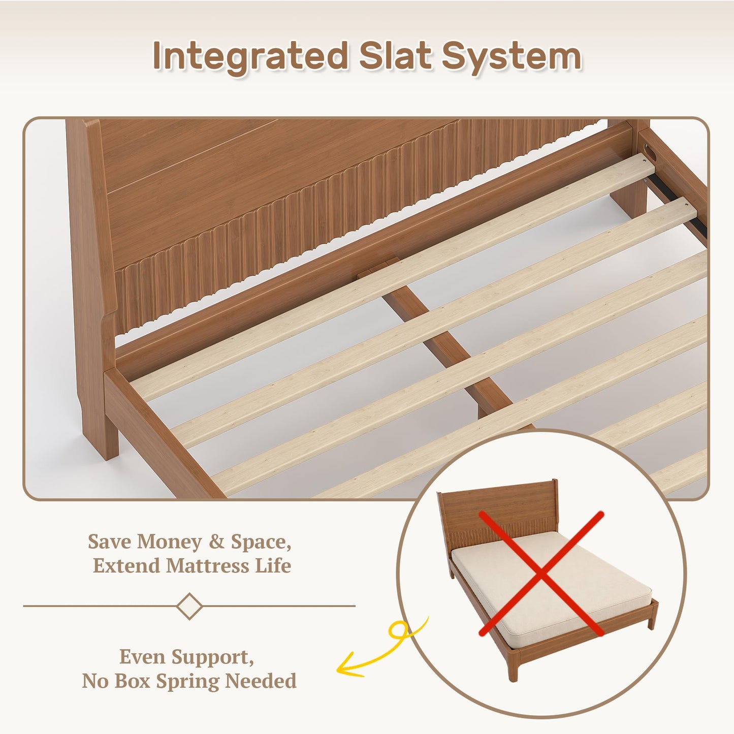 Bellemave Queen Bed Frame with Headboard, Solid Bamboo Platform Bed Frame & Wood Slats Support 800LBS, Japanese Bed Frame Queen Size, No Box Spring Needed, Easy Assembly, Noise Free, Warm Brown
