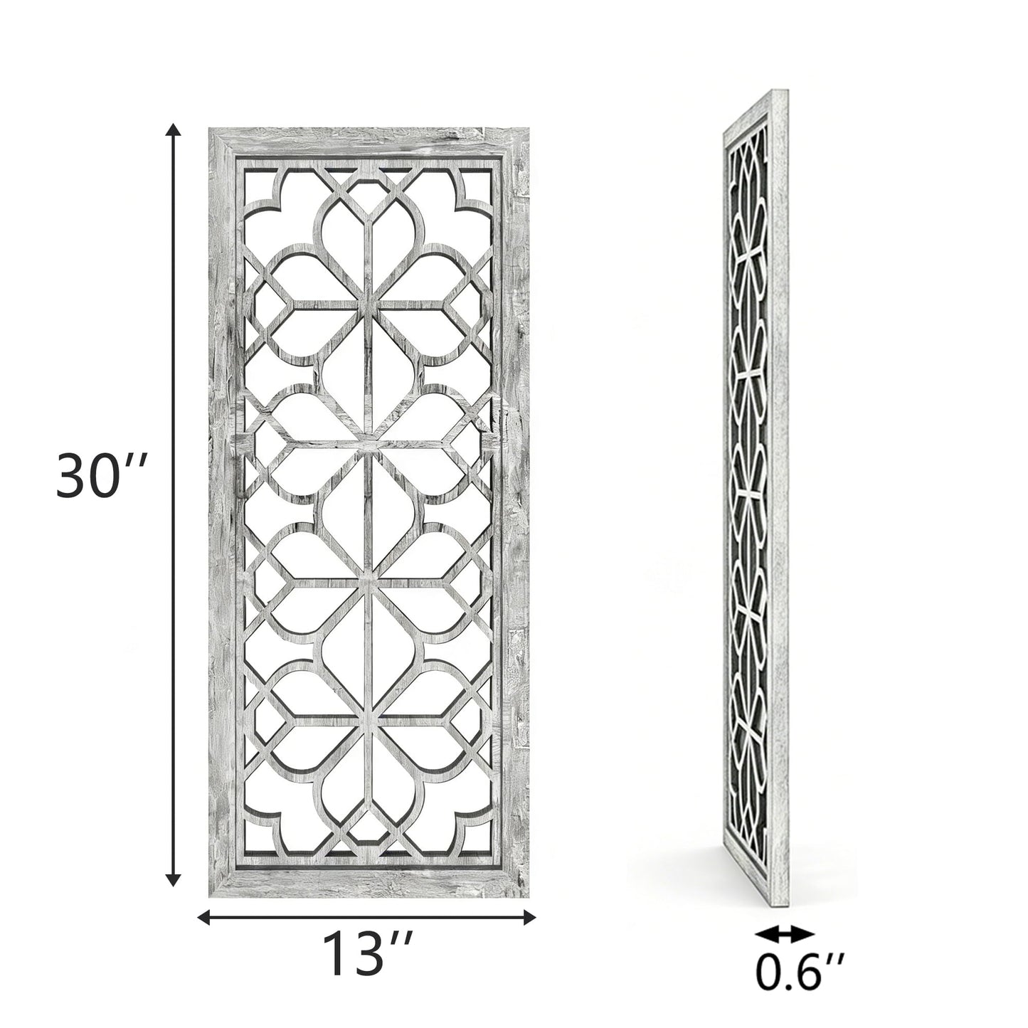 HMANGE Set of 2 13x30 Inch Large Grey Shatterproof Carved Floral Wood Frame Wall Mirrors, Boho Farmhouse Rustic Accent Mirrors for Living Room Bedroom Bathroom & Home Decor