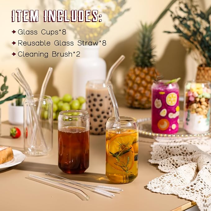 NETANY [ 8pcs Set ] Drinking Glasses with Glass Straw - 16oz Glass Cups, Beer Glasses, Iced Coffee Glasses, Cute Tumbler Cup, Ideal for Whiskey, Soda, Tea, Water, Gift - 2 Cleaning Brushes