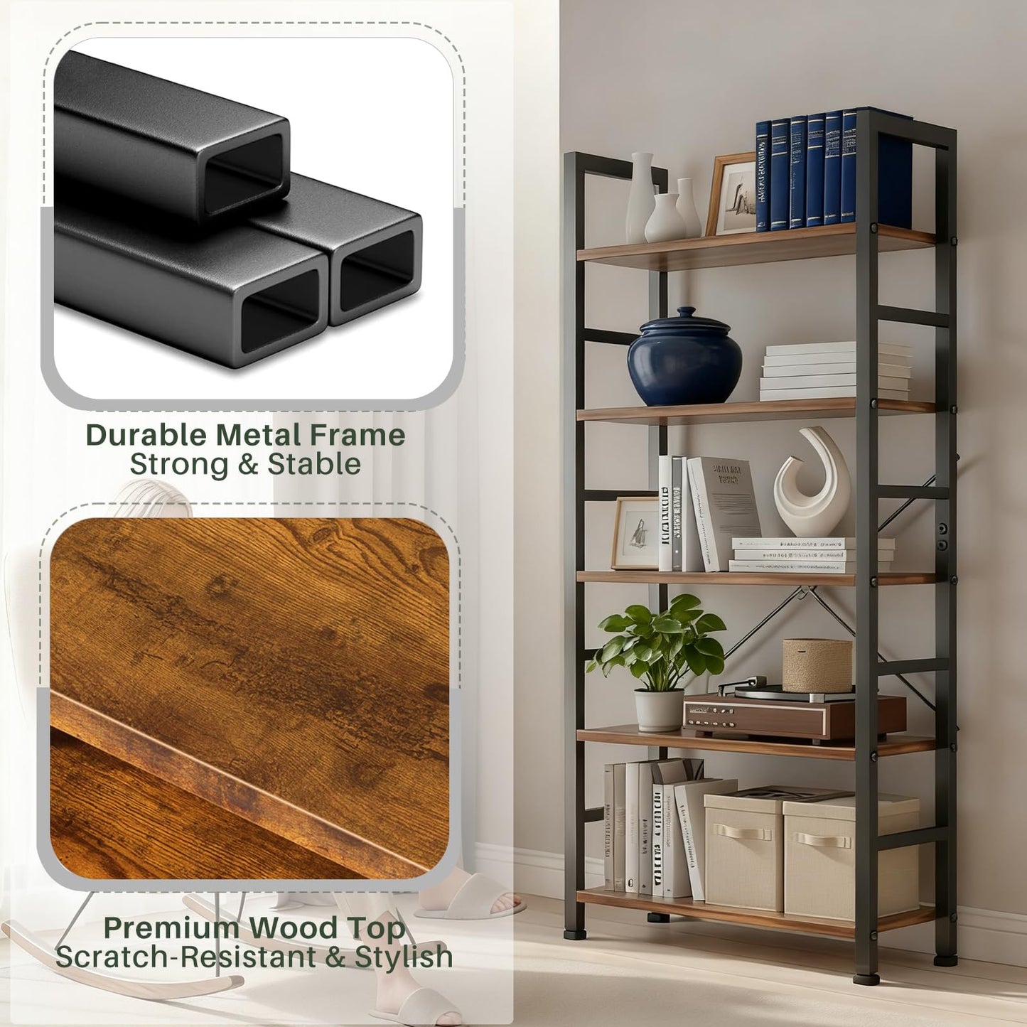 SageNest 5 Tier Bookshelf, Free Standing Wooden Bookcase with Open Storage Shelves with Metal Frame, Sturdy Shelf Organization Display Rack for Living Room, Bedroom, Home Office, 62.2" Tall, Brown