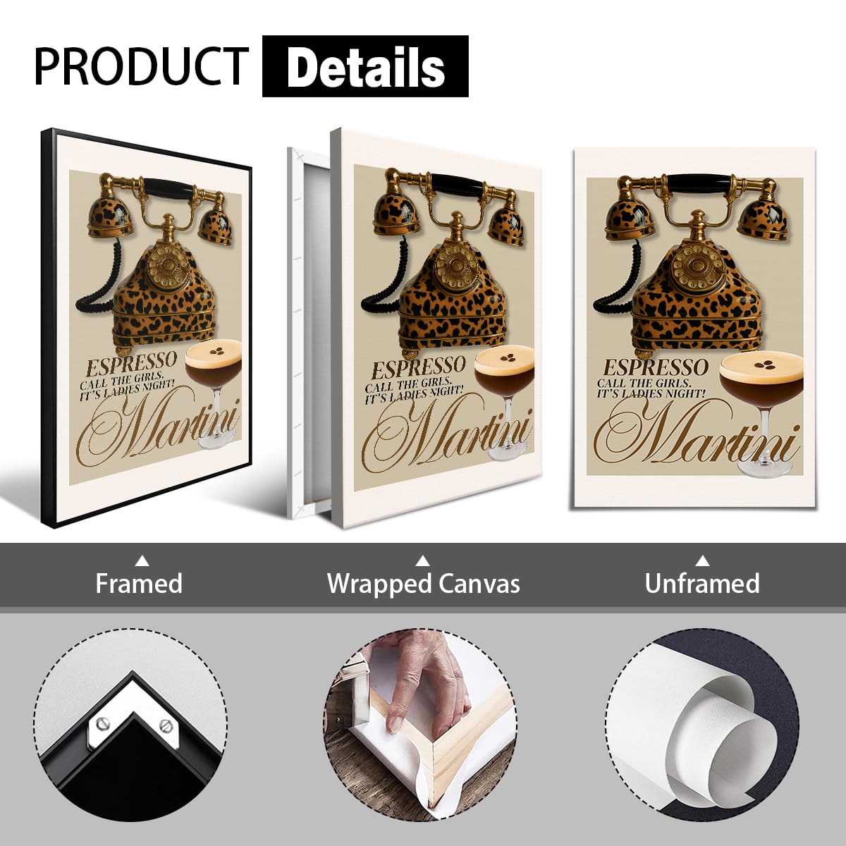 XMJJQQ Fashion Cheetah Painting Poster, Leopard Telephone & Espresso Martini Canvas Wall Art, Spade Poker Cocktail Picture Bar Cart Wall Decor, Set of 3 Chic Girly Dorm Bedroom Print 8x12in Unframed