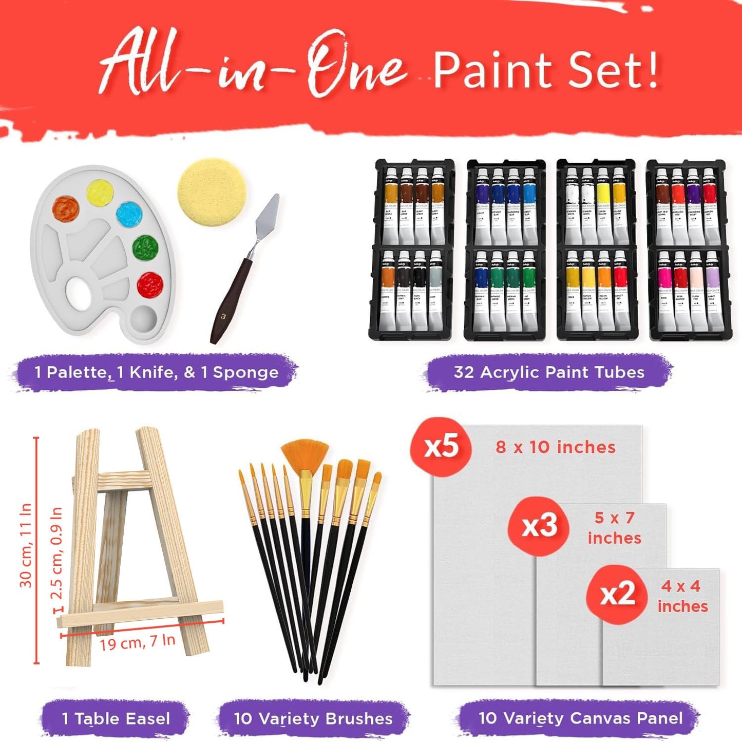 Chalkola Acrylic Paint Set for Adults & Kids - 56 Pcs Canvas Painting Kit with 32 Paints (22ml), 10 Brushes, 10 Canvases, Tabletop Easel, Palette, Knife - Professional Craft & Art Painting Supplies