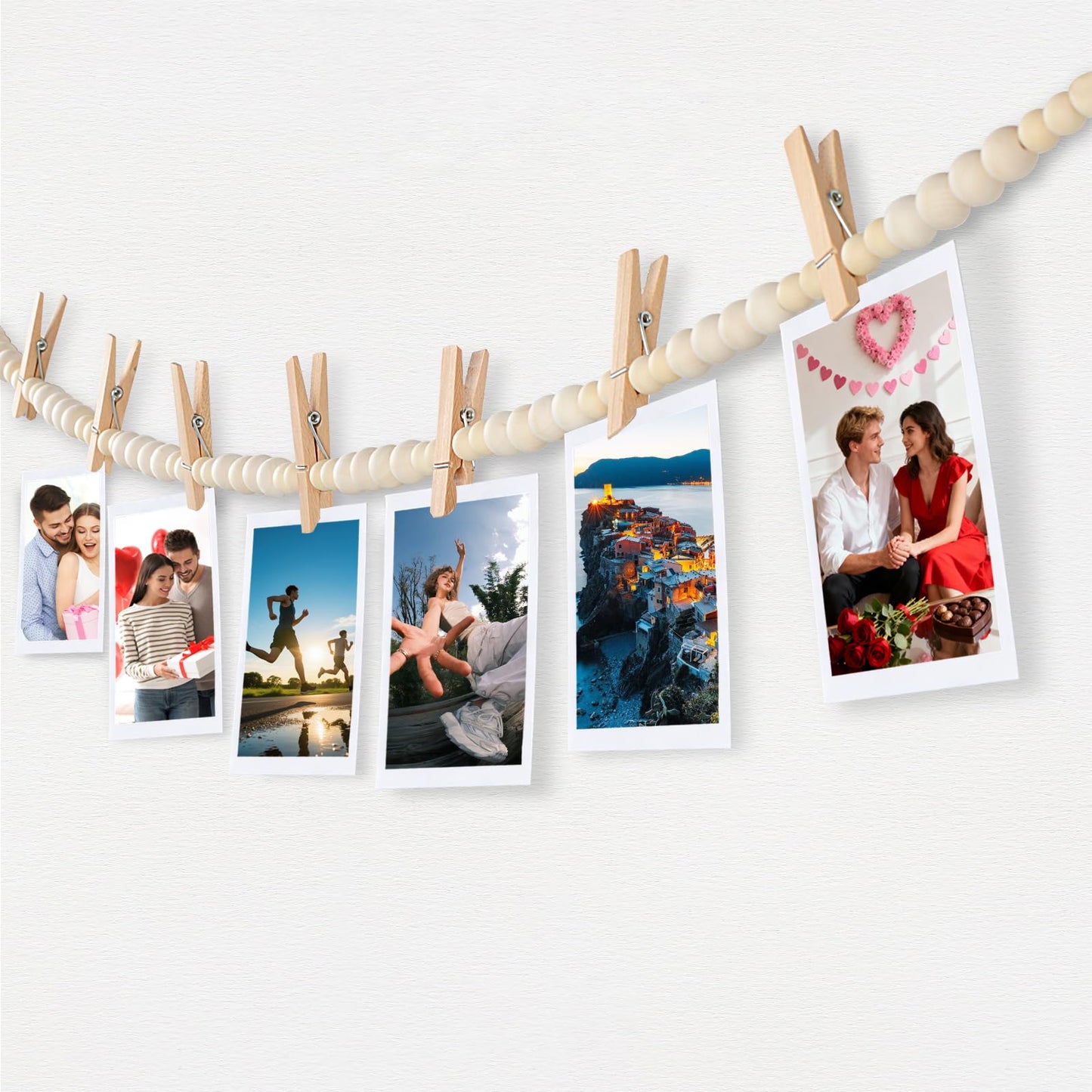 KooEggdo Hanging Photo Display Wall Decor With 9 Clips, Boho Wooden Bead Garland Collage Picture Frame, Bedroom, Living Room, Dorm Room Office, Teen Girl Holiday Gift