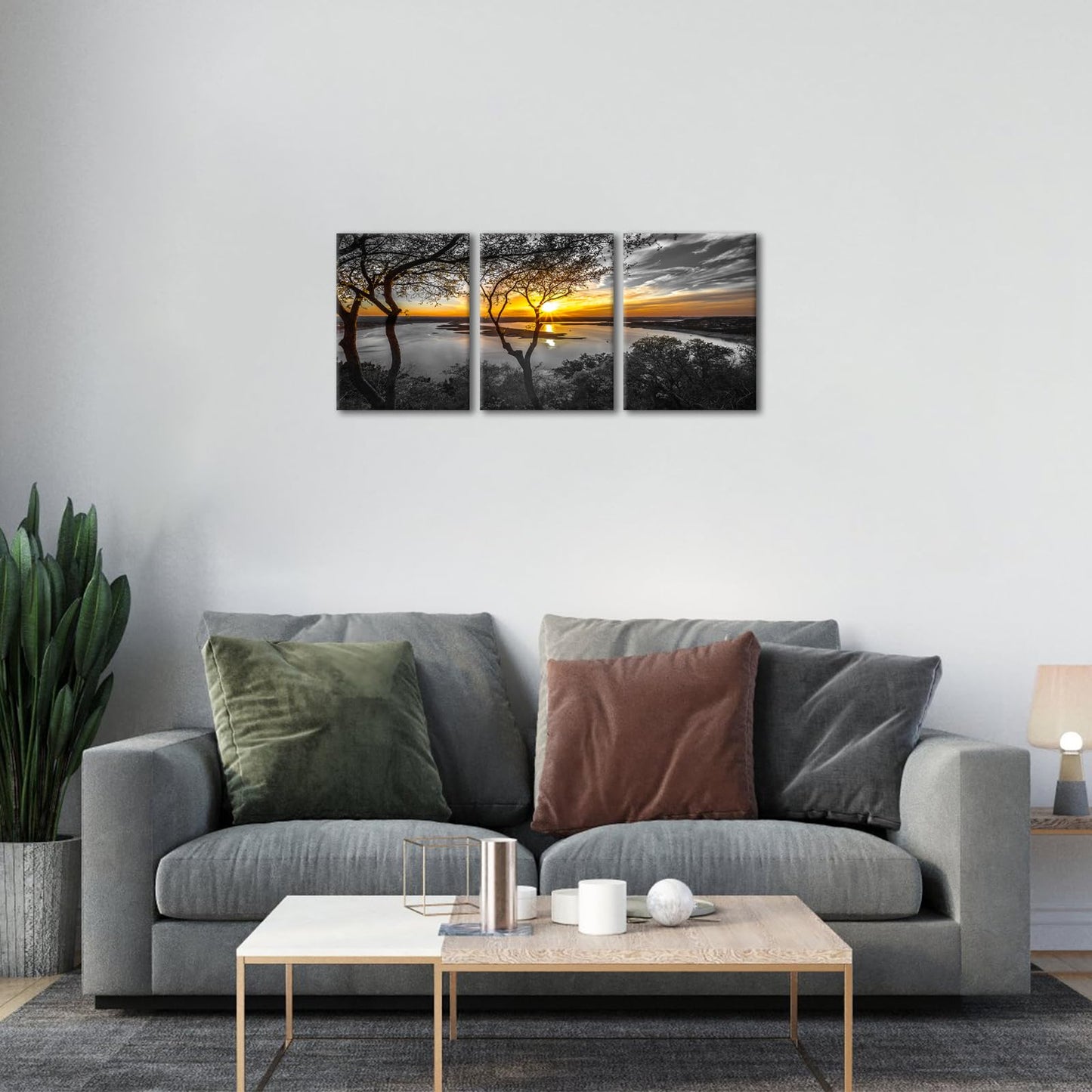Nachic Wall 3 Piece Black and White Wall Art Golden Sunrise on Lake Picture Painting Print on Canvas Nature Landscape Poster for Living Room Bedroom Decor Framed Ready to Hang