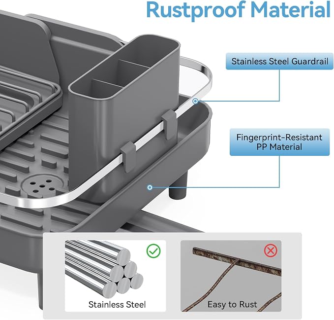 Urackify Dish Drying Rack for Kitchen Counter, Expandable Stainless Steel Dish Racks with Adjustable Water Spout, Space Saving Dish Drainer with Cutlery Holder,16.14"-23.62" L x 12.99" x 8.78",Grey