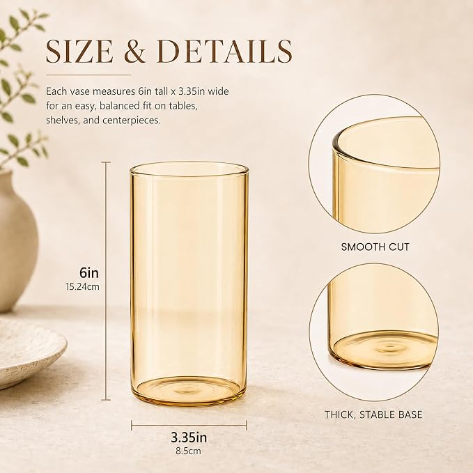 TBWIND 12pcs Gold Amber Glass Cylinder Vases for Centerpieces, 6 Inch Bulk Flower Vases for Wedding Decorations, Hurricane Candle Holder for Floating Candles and Table Home Decor