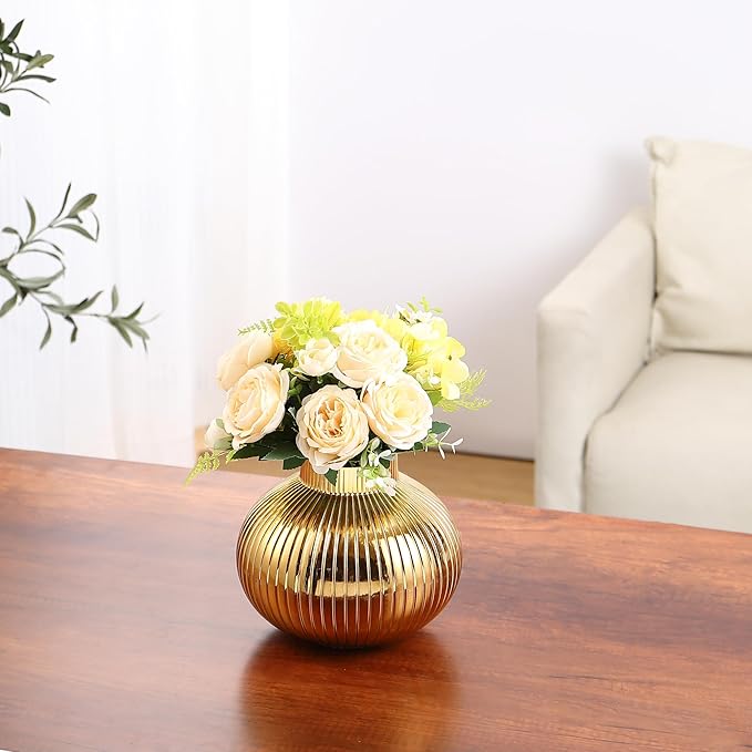 Gold Glass Vase, Flower Vases for Bouquet, Ribbed Glass Vases for Flowers, Small Gold Vase for Living Room, Office, Coffee Table, Shelf, Wedding, 6 Inches