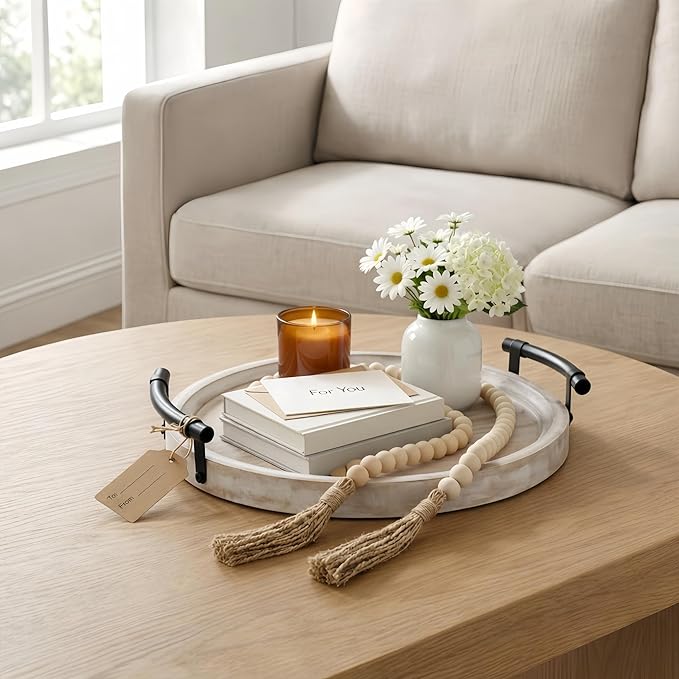 13" Round Decorative Wood Tray with Handles, Whitewashed Farmhouse Coffee Table Decor for Living Room, Entryway & Kitchen Island, Includes Bead Garland, Giftable Home Decor
