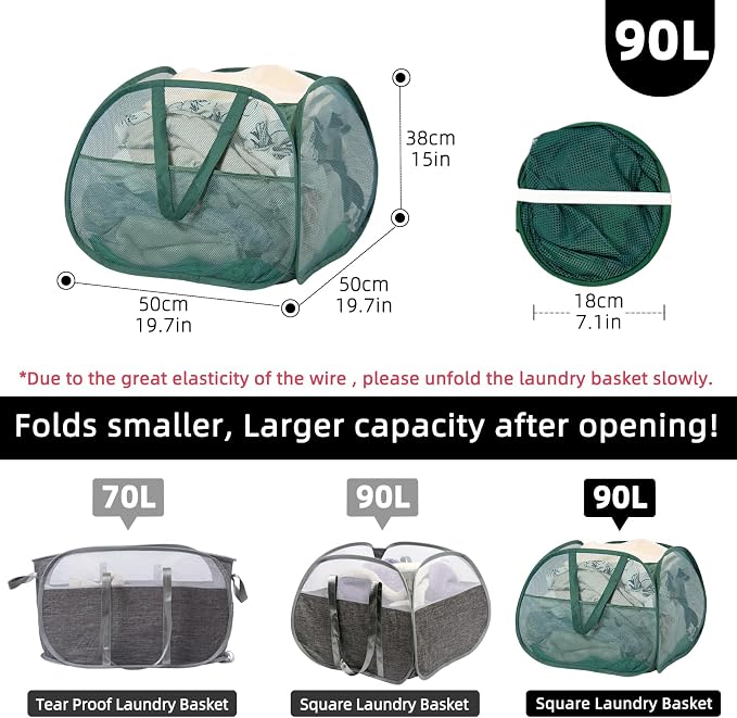 Collapsible Laundry Basket, 90L Foldable Pop Up Laundry Hamper with Handles, Mesh Dirty Clothes Hamper for Laundry, Bathroom, Kids Room, Dorm,Travel or Camping (Green, 2PCS)