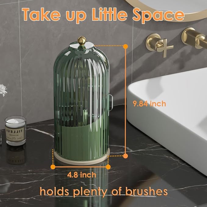 YOOLENS Makeup Brush Holder with Lid 360 Rotating Clear Dustproof Make Up Organizers for Vanity Bathroom Countertop, Green Beige