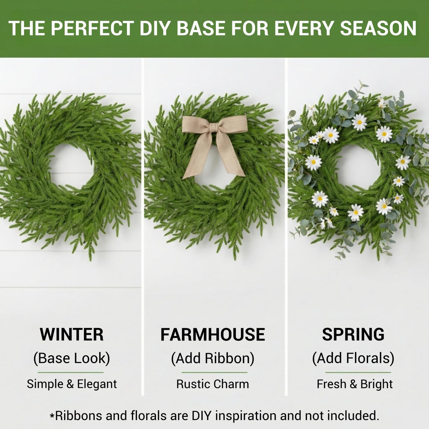 24" Real Touch Norfolk Pine Wreath for Front Door – Artificial Winter Greenery & Farmhouse Wall Decor, All Season Faux Evergreen Round Garland for Spring, Mantel & DIY Base (Waterproof)