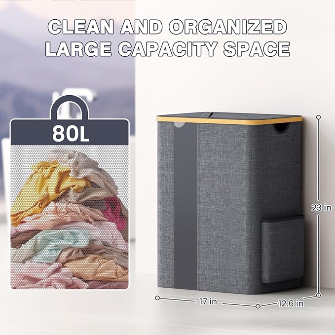 BlissTotes Laundry Basket with Lid, 80L Clothes Laundry Hamper with Handles and Removable Laundry Bag, Breathable Design Hamper with Lid for Bedroom, Bathroom, Dorm, Laundry Room - Light Grey