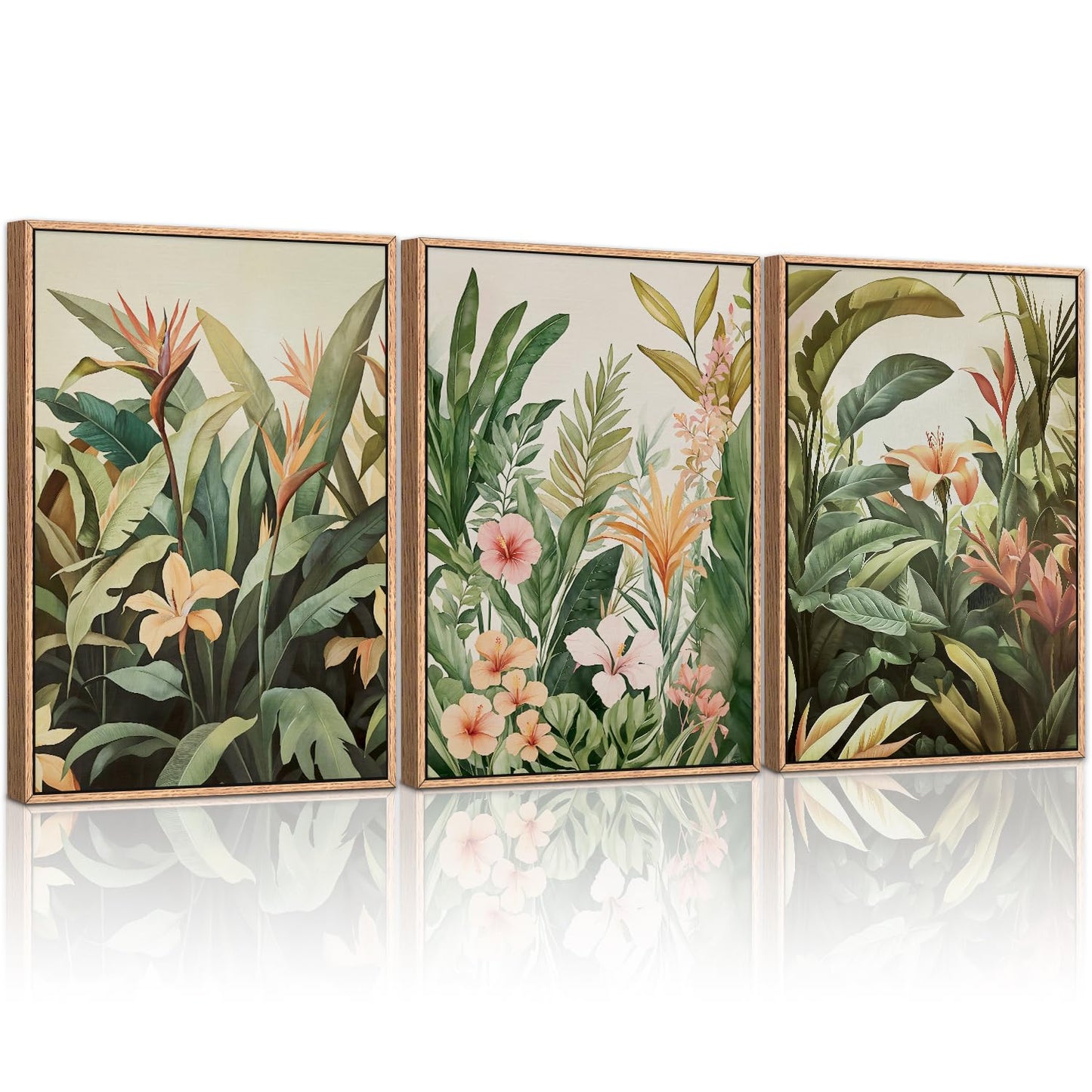 HLNIUC Boho Tropical Leaves Wall Art,Modern Abstract Floral Canvas Wall Decor Set of 3(16”x24”) Green Plant Banana Leaf Painting,Tropical Botanical Jungle Art Print for Living Room,Bedroom,Office