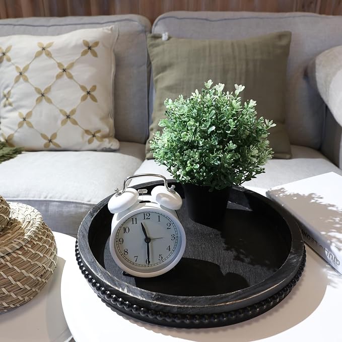 Hrastany Round Wooden Serving Tray with Beads, Circle Vintage Black Wood Coffe Table Tray for Dining Room Table Centerpiece, Kitchen Counter