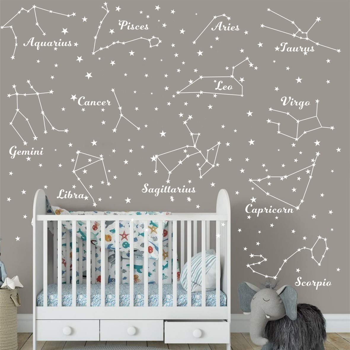 12PCS Zodiac Constellation Wall Stickers for Nursery or Kids Bedroom, Removable Vinyl Celestial Mural Decor Featuring Star Signs, Astronomy Theme Art for Baby Room Walls AM117 (White)