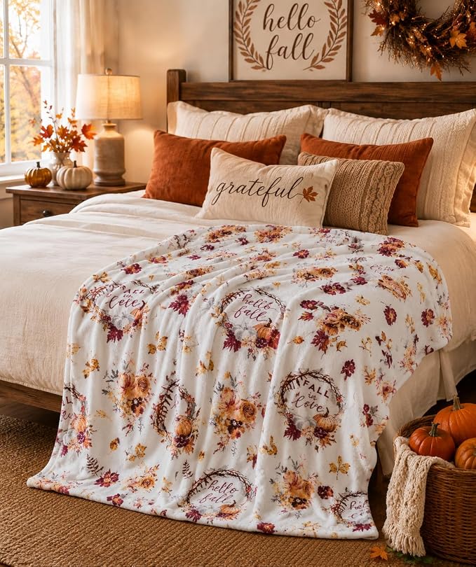 Serafina Home Fall Fleece Throw Blanket: Soft Harvest Hello Fall Pumpkin Floral Design, Autumn Colors on White, 70" x 50"