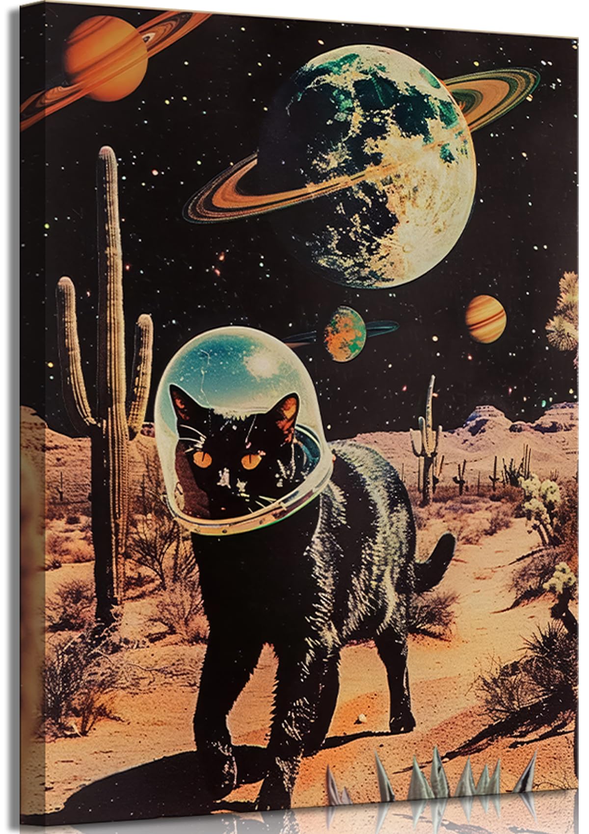 Ijeroain Black Space Cats Wall Art Funny Cat Wall Decor Pictures Cat astronaut painting artwork Cosmic planet Whimsical Print for Boys and Girls Room Bedroom home decoration 12x16in Canvas