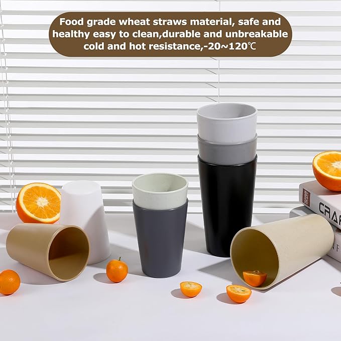 HEYCOME Set of 16 Wheat Straw Cups, 16 Pcs 20 oz Unbreakable Drinking Cups, Reusable Plastic Cups Sets, Water Glasses Tumblers, Microwave & Dishwasher Safe, Bpa Free, 8 Colors