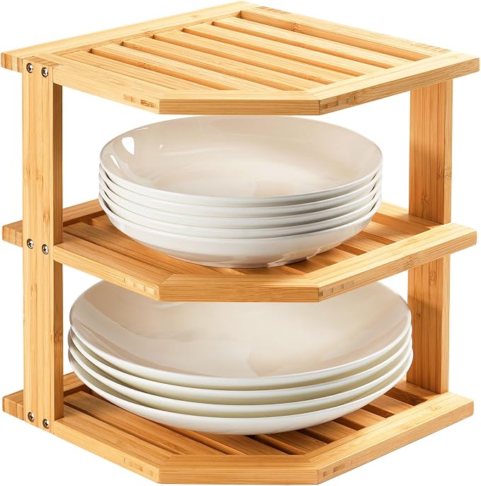 Umilife Plate Organizer for Cabinet, Bamboo Corner Shelf, Dish & Bread Organizer, Spice Rack, Kitchen Bathroom Countertop Storage Organization Space Saver