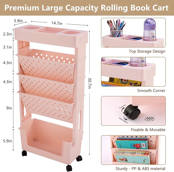 Pink Rolling Office Paper Organizer, Mobile Book Cart Document Folder File Storage with Pen Holder, Slim Rolling Storage Cart Movable Bookshelf for Office, Dorm, Classroom, Nursery
