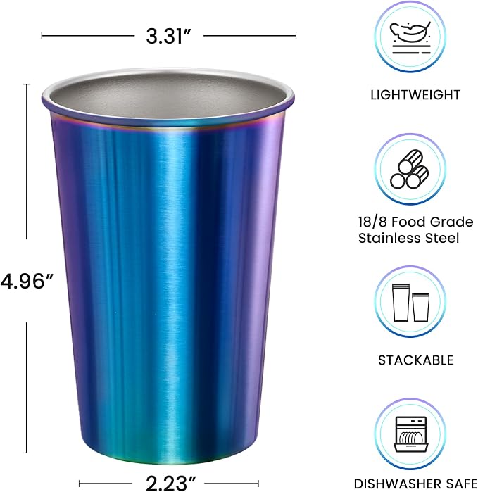MEWAY 4 Pack 16oz Stainless Steel Pint Cup,Healthy Unbreakable and Stackable,Metal Drinking Glasses，Beer Glasses（Rainbow）