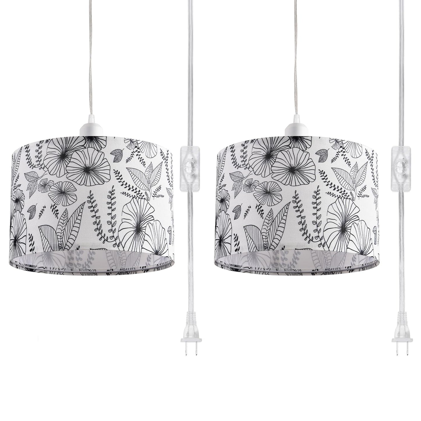 IHENGYANLT 2 Pack Plug in Pendant Light, Hanging Light with 15Ft Clear Cord, On/Off Switch, Flower Fabric Lamp Shade, Hanging Light Fixture for Bedroom, Kitchen, Living Room, Dining Table