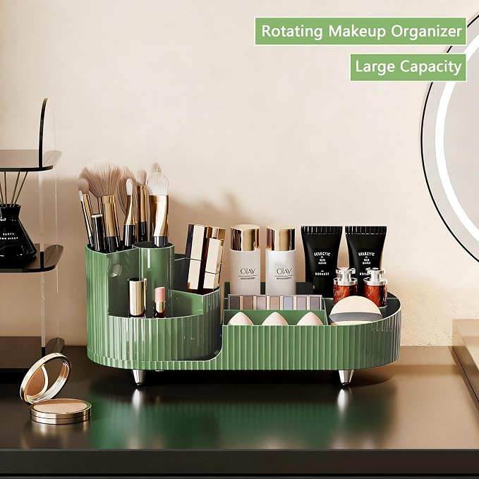 Rotating Makeup Organizer for Vanity with Brush Holder, Cosmetic Makeup Storage Organizer, Large Spinning Makeup Skincare Organizer, Countertop Makeup Perfume Organizer, Lotions Display Case Green