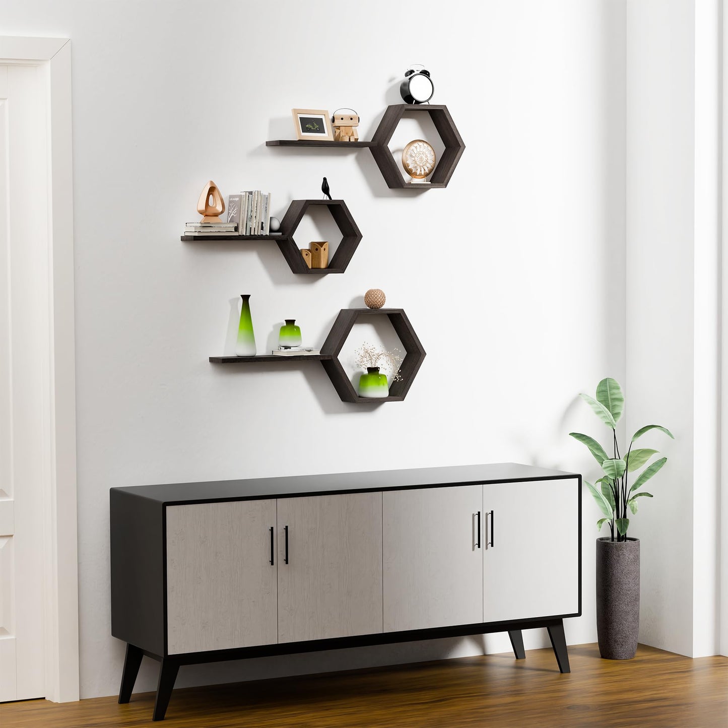 Decovate Hexagon Floating Shelves Set of 6 Honeycomb Shelves for Wall, Wooden Hexagon Shelves for Farmhouse Storage (Rustic Brown)