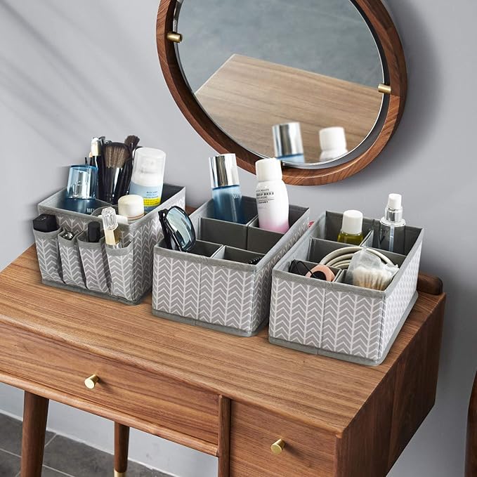 Cosmetic Storage Bins Makeup Organizer, Adjustable Multifunction Storage Box Desk Drawer Divider for Makeup Brushes, Bathroom Countertop or Dresser, Set of 3 (Grey)