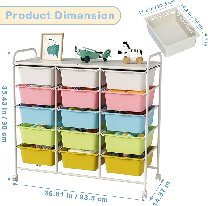 Ytaoka 15 Drawers Rolling Cart With Wheels, Plastic Storage Drawer With Metal Frame, Multipurpose Art Craft Organizer, Utility Cart for Home, Office, School, Multicolor