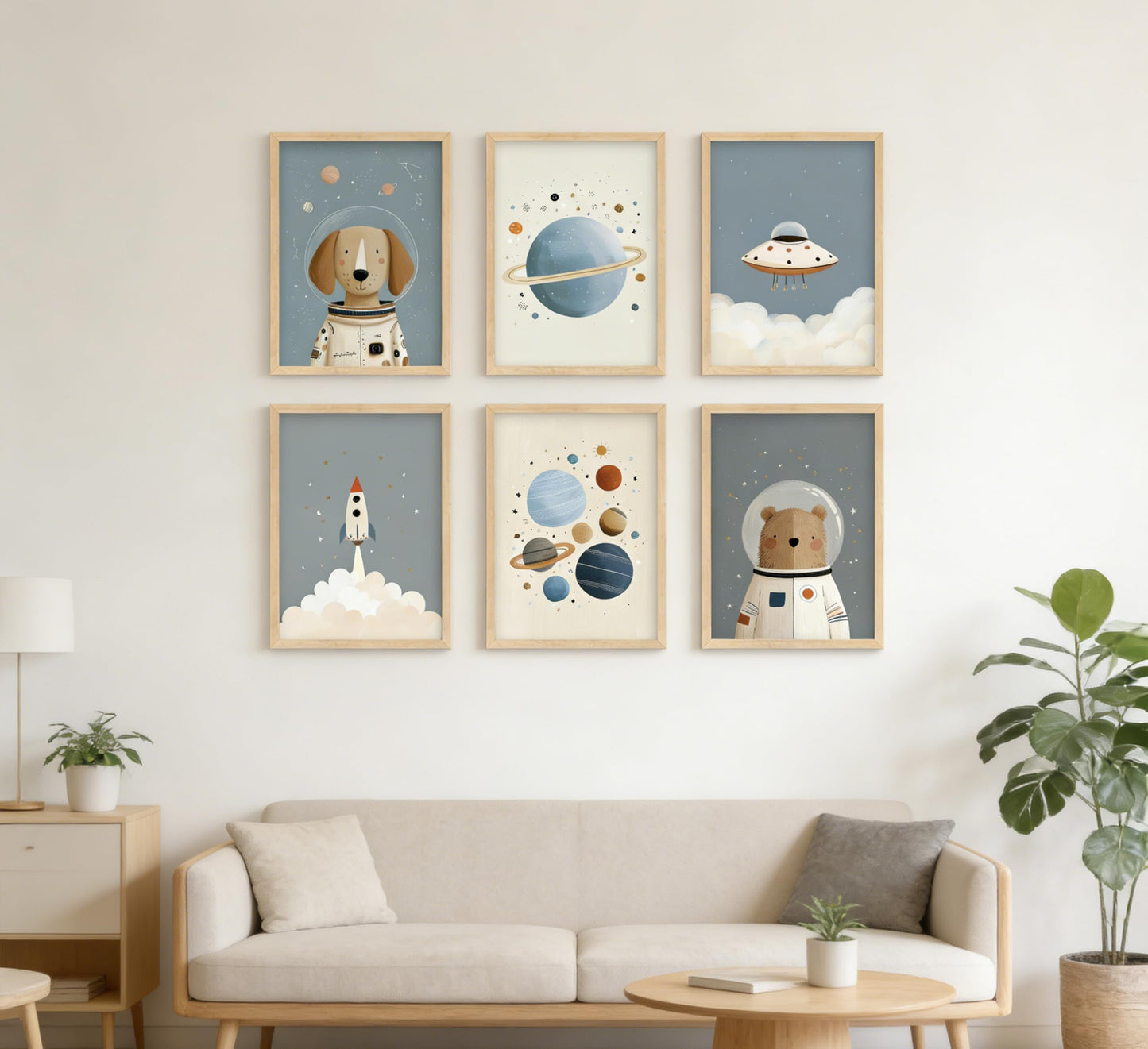 Puncland Cute Space Nursery Wall Art Funny Planet Rocketship and Astronaut Poster Cute Animals Decor Pictures Whimsical Adventure Nursery Painting Print Artwork for Nursery and Kids Bedroom Unframed