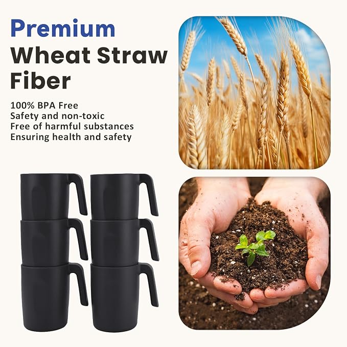 Homienly Unbreakable Coffee Mug Set - 6 Wheat Straw Reusable Cups | Dishwasher Safe Drinking Glasses | Alternative to Plastic Mugs & Glass Cups 16 oz for Camping, Kitchen (Black)