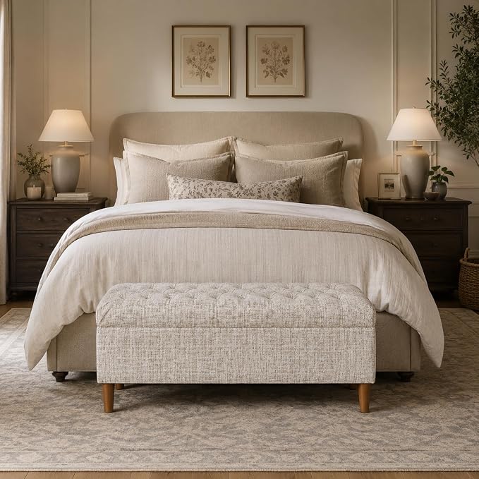 Homepop Home Decor | Tufted Ainsley Button Storage Ottoman Bench with Hinged Lid | Ottoman Bench with Storage for Living Room & Bedroom, Cream Textural Woven