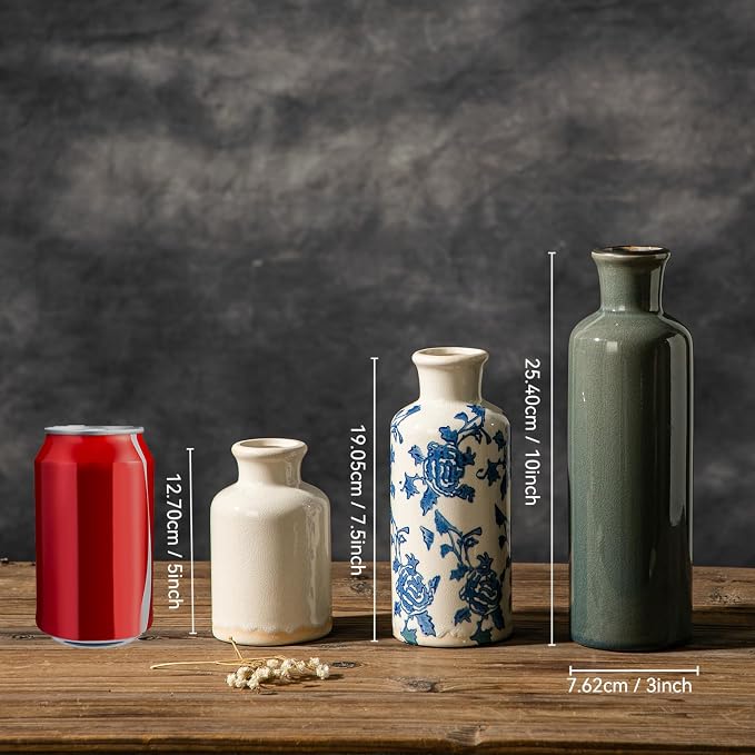 Rustic Ceramic Vase Set of 3, Farmhouse Decorative Flower Vases for Home Decor, Living Room Kitchen Bathroom Table Centerpieces, Shelf, Mantel and Entrance Decorations