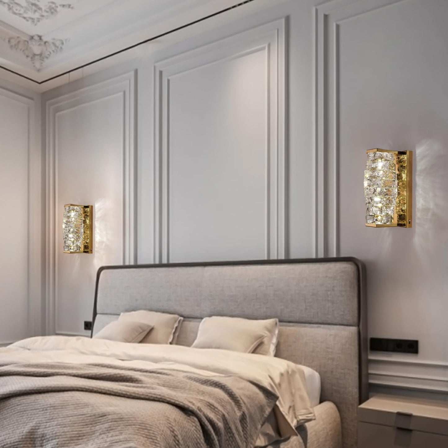 HuisMier Gold Crystal Wall Sconce, Modern Dimmable LED Sconces Wall Lighting, Luxury Vanity Light Fixture Bathroom Wall Sconces for Living Room Bedside Hallway Stairway