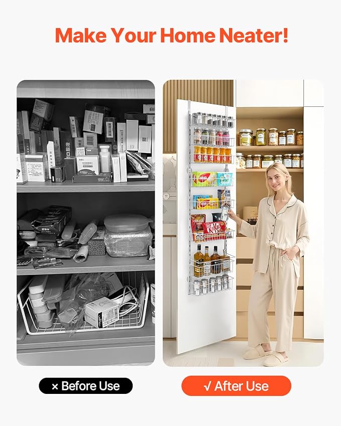 VEVOR Over the Door Pantry Organizer, 8-Tier Pantry Organization and Storage, Heavy-Duty Steel Hanging Spice Rack, Adjustable Wall Seasoning Shelves, for Home Kitchen Laundry Room Bathroom, White