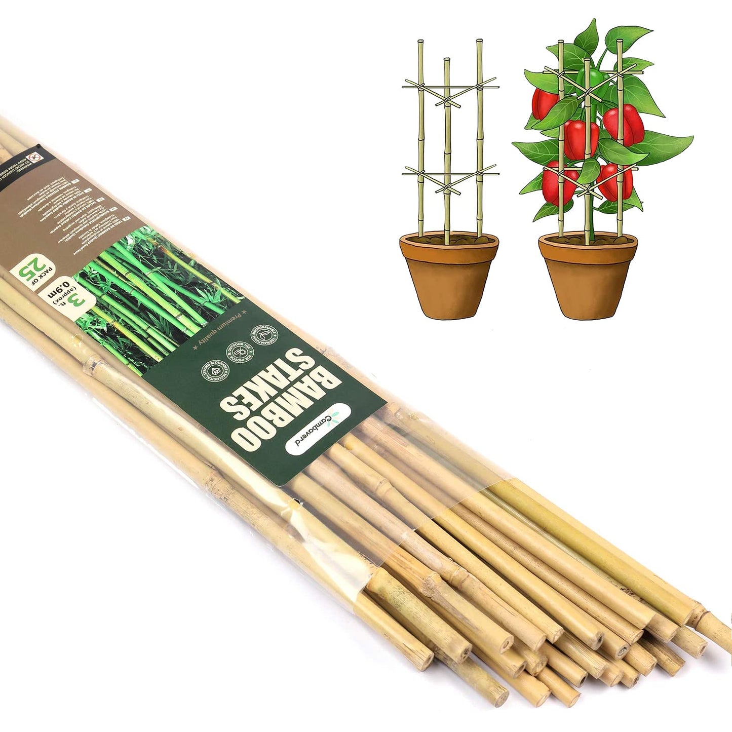 Cambaverd Bamboo Garden Stakes 3 Feet Plant Stakes for Roma Tomatoes Sunflowers Beans Potted and Climbing Plants - Pack of 25 Bamboo Sticks