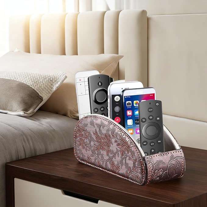 TV Remote Control Holder with 5 Compartments,Pu Leather Remote Caddy/Box/Tray Nightstand Desktop Storage Organizer Store DVD,Blu-Ray,Media Player,Heater Controllers, Makeup Office Supplies