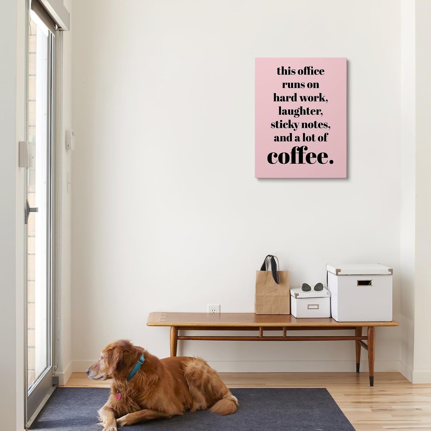 XWELLDAN Teamwork Quote Wall Art Canvas Print, Coffee Humor Workplace Decor, 11 x 14 Inch, Framed (Pink)