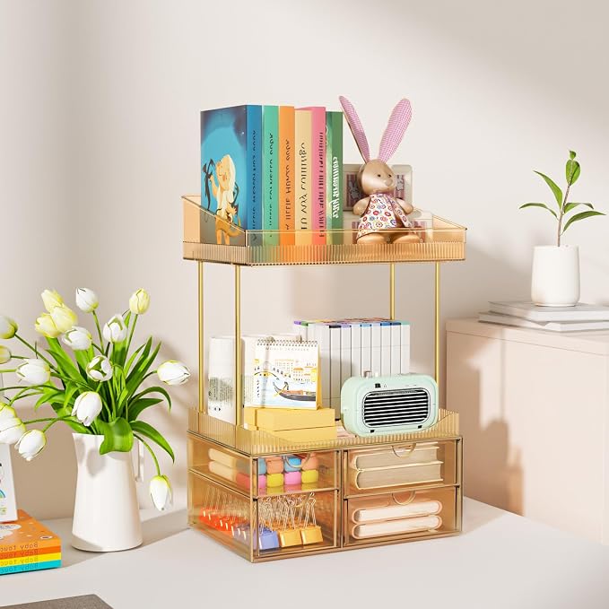 SNSLXH 4 Drawers Makeup Organizer - 4 Tier Makeup Storage, Cosmetics Organiser, Ideal for Cosmetic, 4 Dividers with Drawers for Countertop, Bathroom, Office Supplies, Dresser Transparent Green