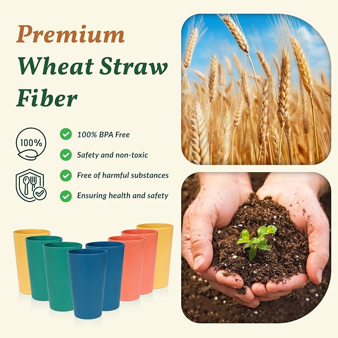 Homienly Reusable Plastic Cups - Wheat Straw Unbreakable Drinking Glasses & Water Glasses | Multi-Color Stackable Plastic Cups, Dishwasher Safe | Glassware & Cup Sets for Kitchen (20 oz 8-Pack)