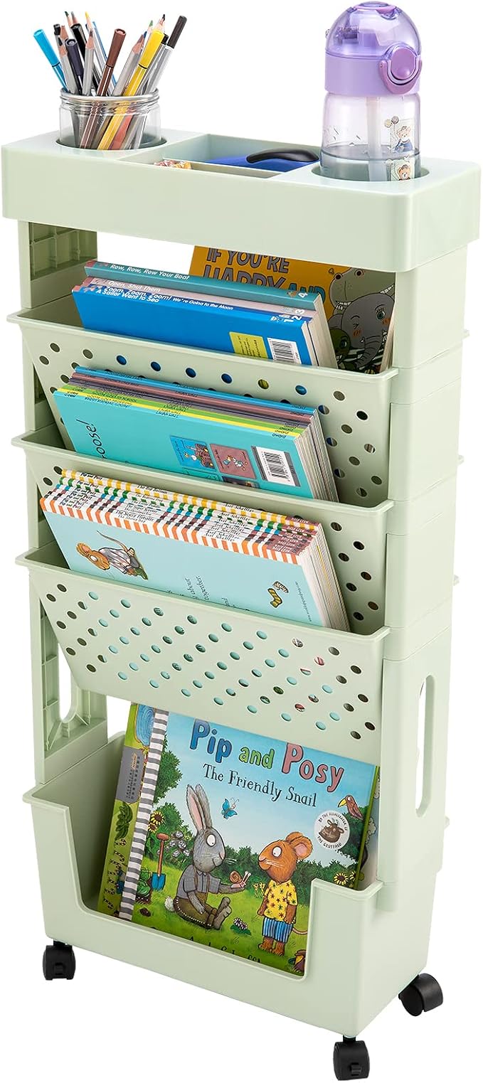 Rolling Office Paper Organizer, Mobile Book Cart Document Folder File Storage with Pen Holder, Slim Rolling Storage Cart Movable Bookshelf for Office, Dorm, Classroom, Nursery, Green