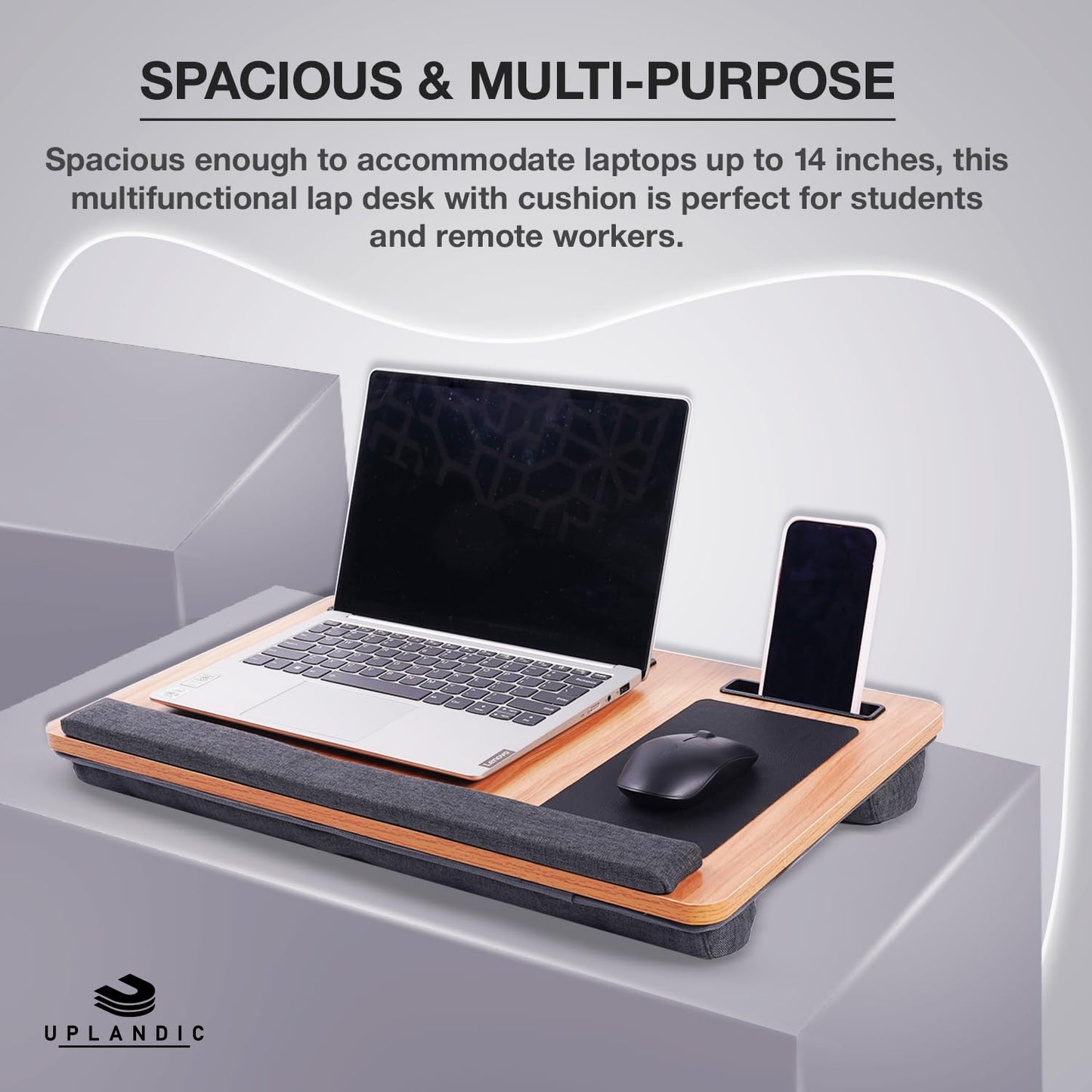 UPLANDIC Laptop Tray – Home Office Lap Desk with Built-in Mouse Pad, Wrist Rest & Phone Holder, Portable Laptop Stand with Cushion, Tablet Slot & Carry Handle, Ideal for Bed & Workspaces (Walnut)