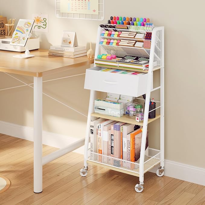 Homsorout 3 Tier Rolling Cart - Metal Utility Cart with Storage Drawer and Wheels, Versatile Art & Craft Organizer for Home, Office, or Studio - Ideal for Storing Brushes, Paints, and Supplies（Maple）
